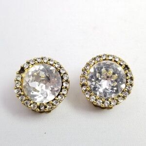 Vintage Zentall Round Rhinestone Clip On Earrings, Gold Tone Halo Signed